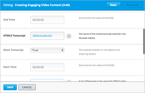 The Advanced tab of the Video component editor